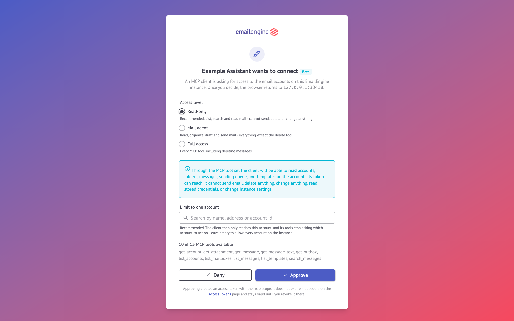 EmailEngine asking an operator to approve an MCP client, with read-only, mail agent and full access to choose from